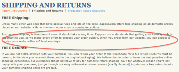 Zappos promises delivery within five business days